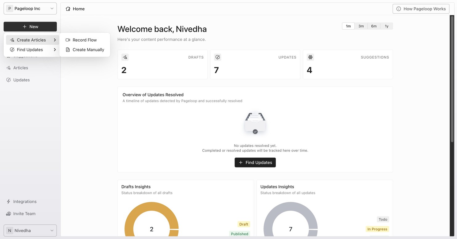 Pageloop sidebar showing the + New dropdown menu with Create Articles and Find Updates options, each with Record Flow and a manual sub-option (Create Manually or Manual Update)