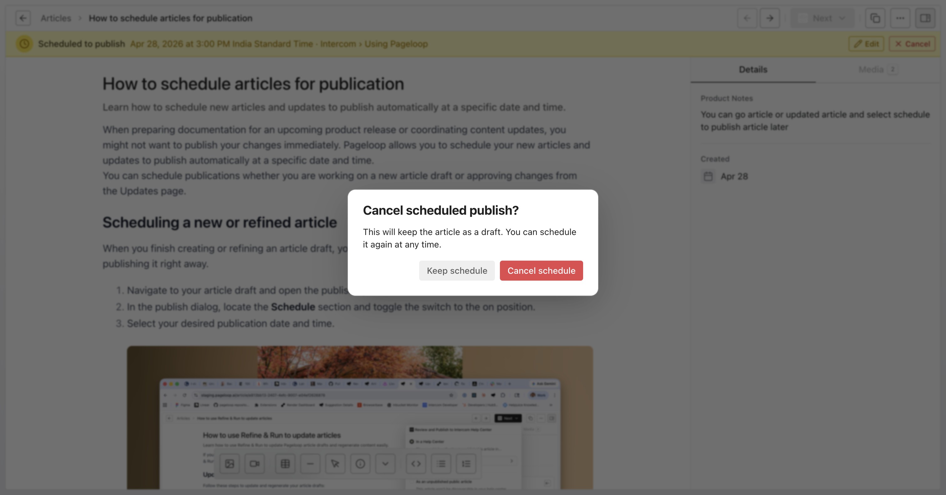 Edit or cancel scheduled publication