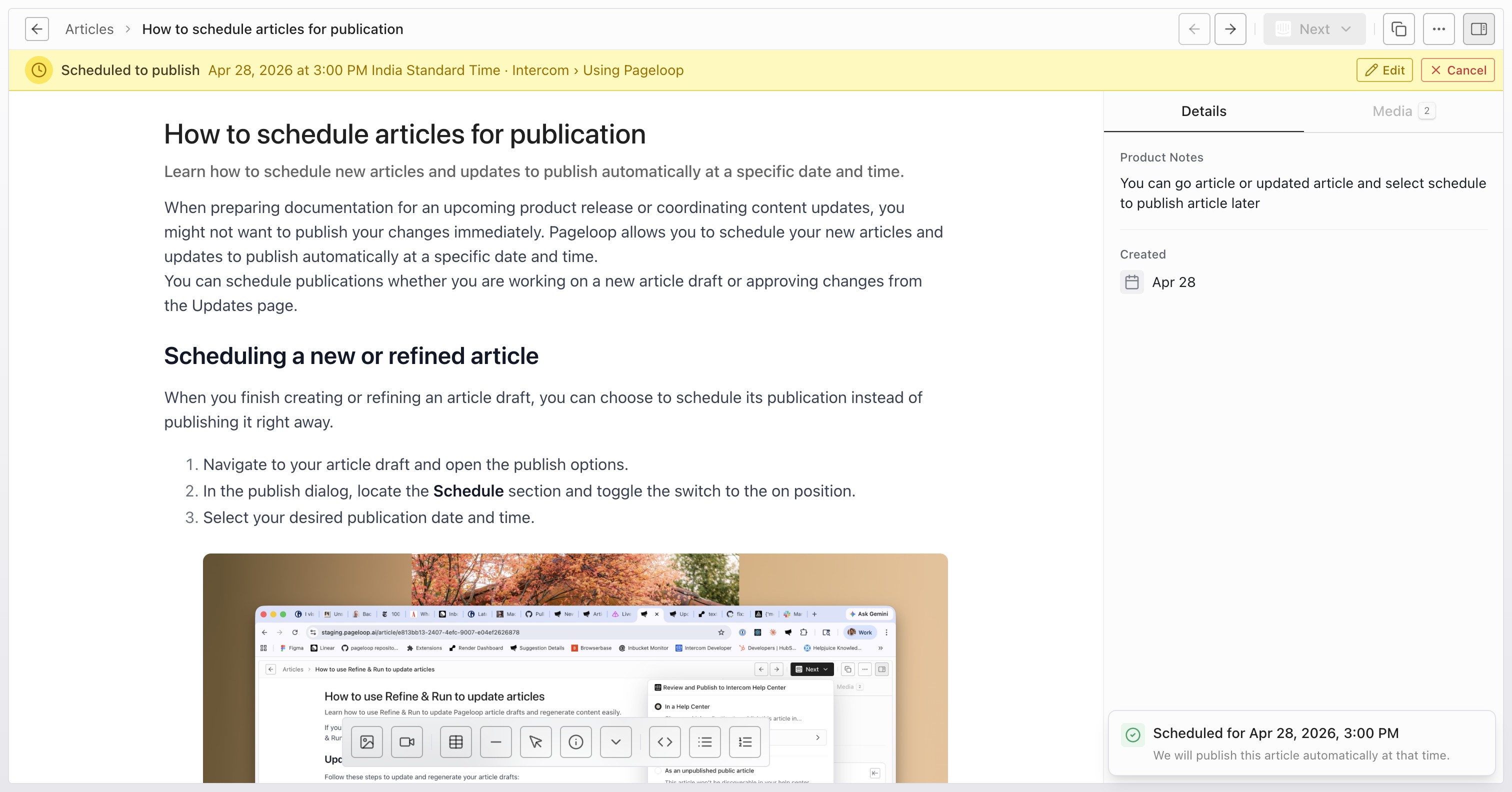 Scheduled publication confirmation banner