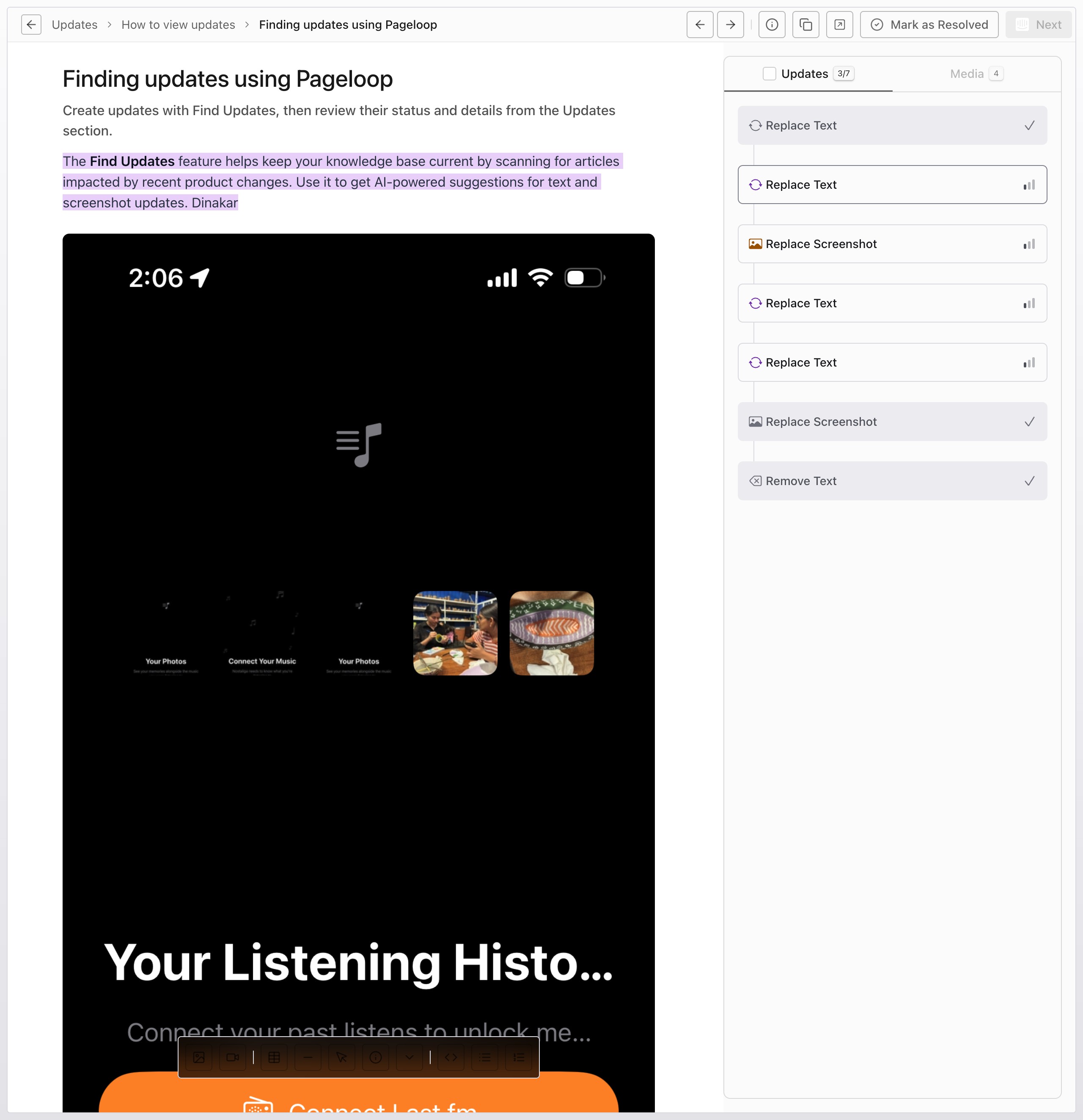 Article review view with highlighted changes and right-side Updates panel