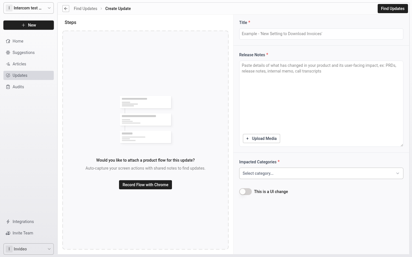 Manual update creation page with Release Title and Release Notes fields