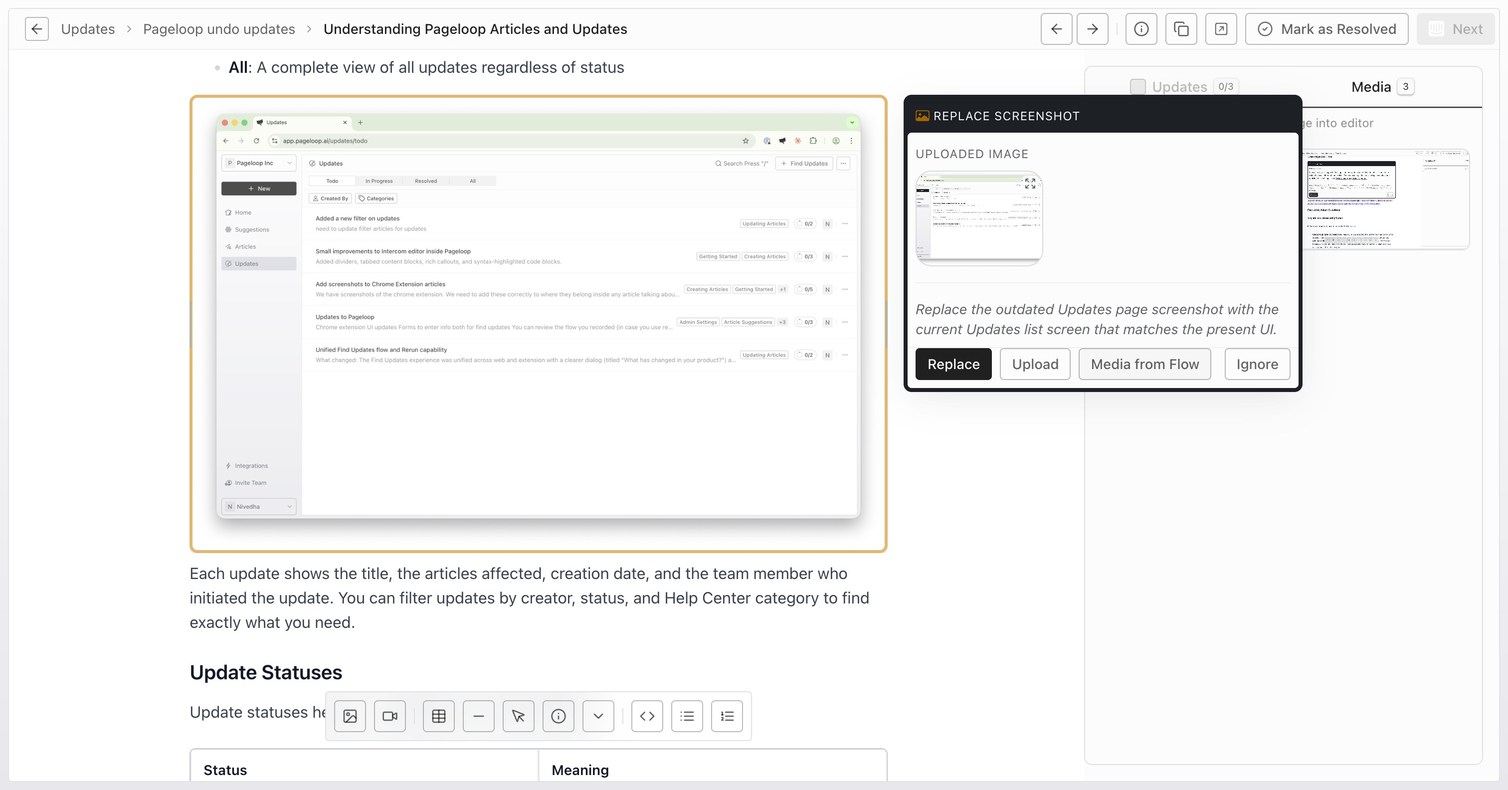 Replace Screenshot popover on the right side of the editor