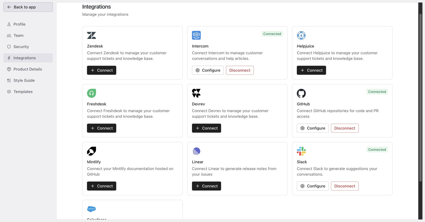Pageloop Settings page showing the Integrations section with available Help Center and data source integrations