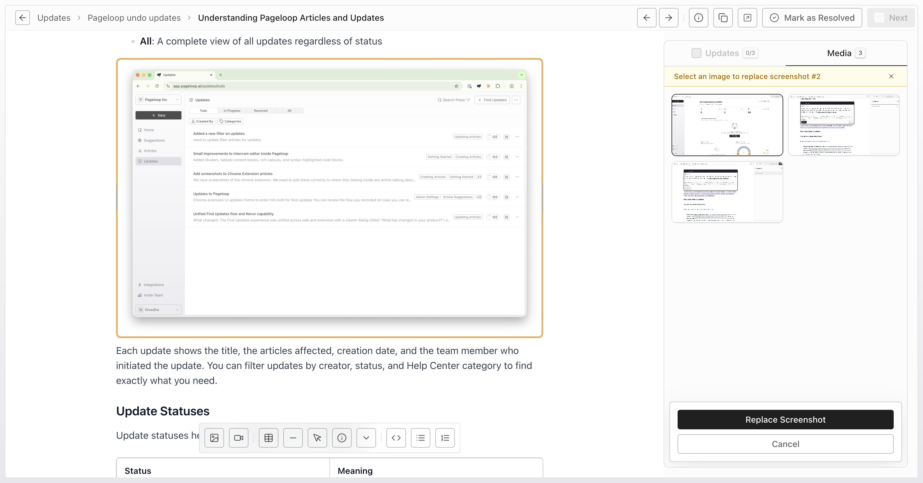 Media tab with screenshots selected for replacement