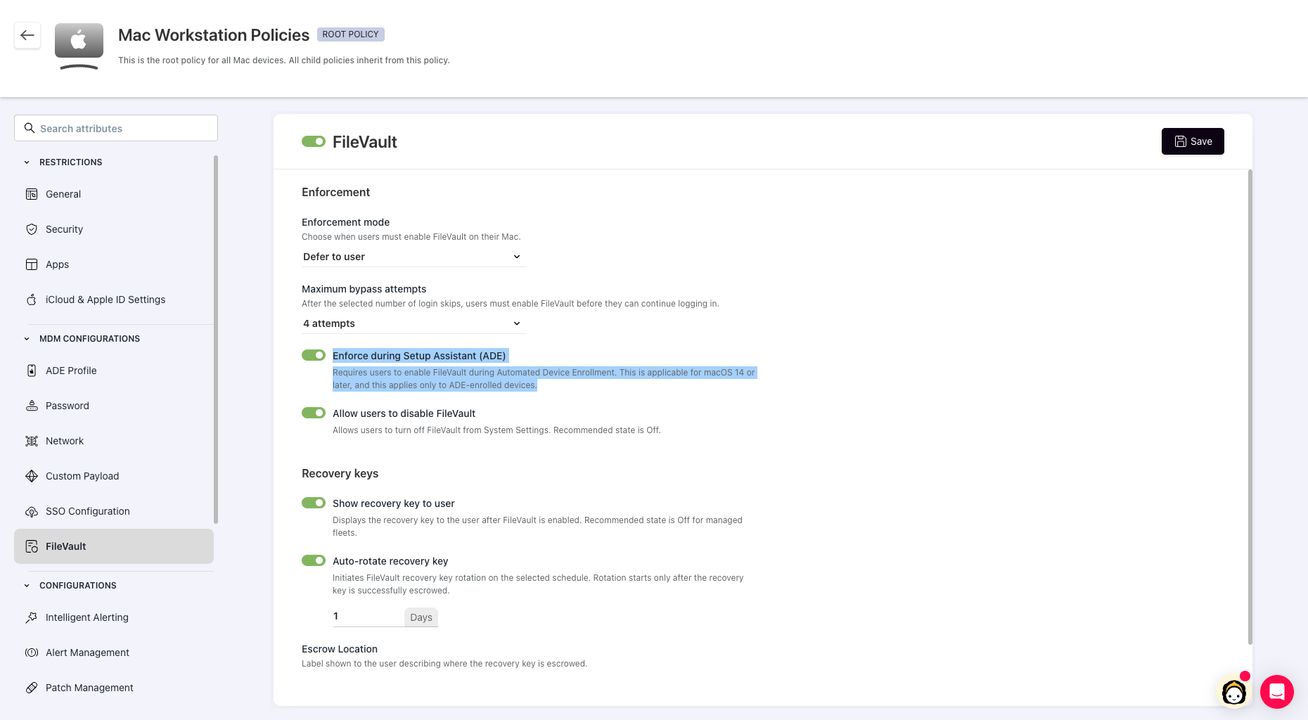 Mac Workstation Policies FileVault settings with Enforce during Setup Assistant for ADE