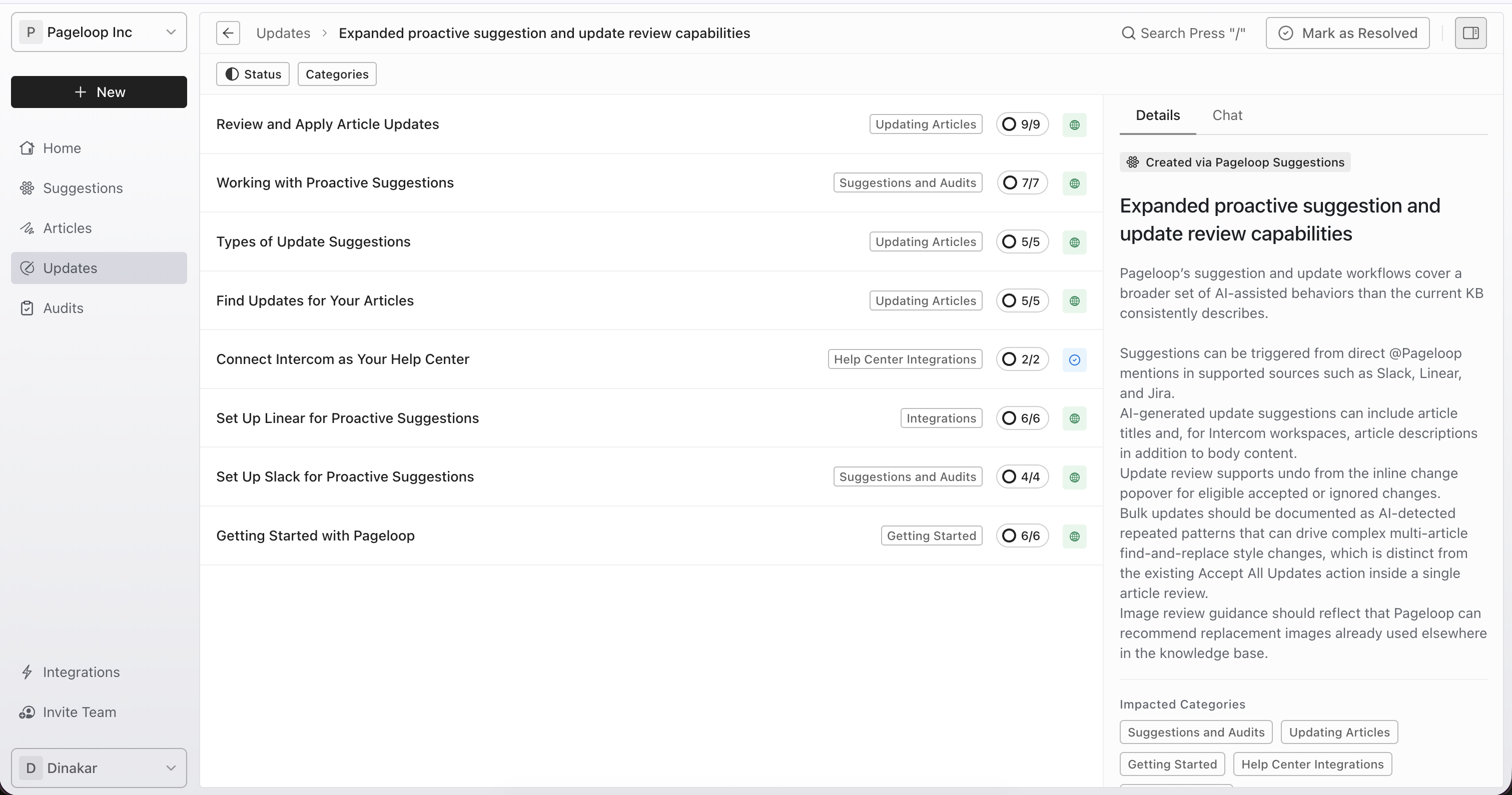 Update detail view showing a list of impacted articles with change counts and category labels