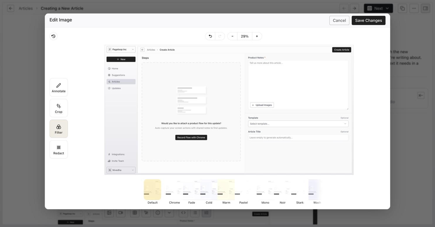 Pageloop image editor with Filter tool selected, showing a row of preset filter options including Default, Chrome, Fade, Cold, Warm, Pastel, Mono, Noir, Stark, and Wash