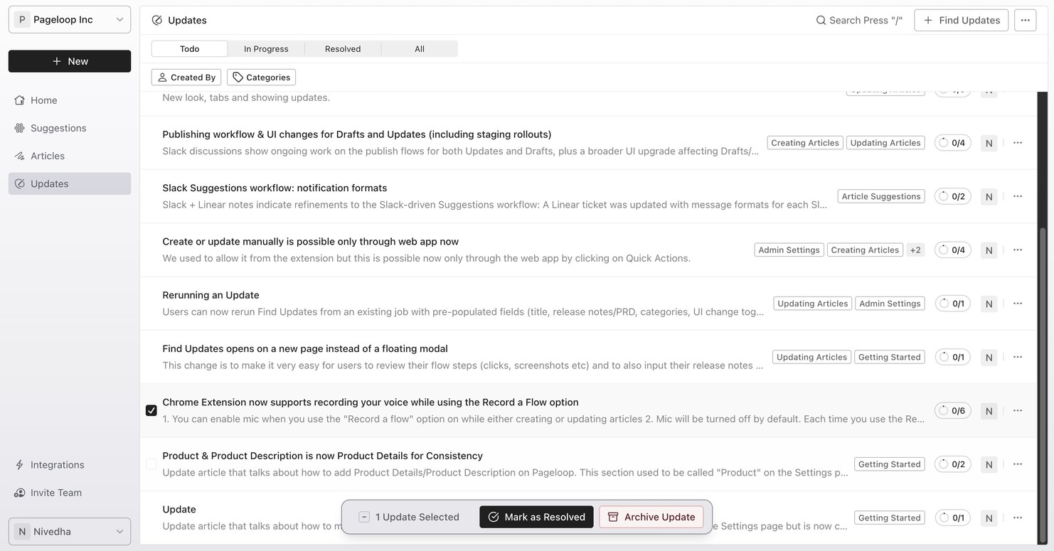 Pageloop Updates tab showing a list of update jobs with status tabs for To-Do, In-Progress, Resolved, and All